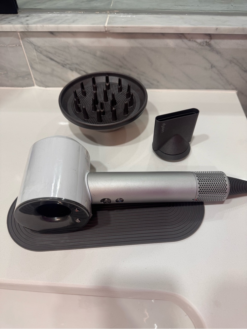 Dyson Silver and White Supersonic Hair Dryer with Black Diffuser & Nozzle
